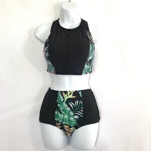 Creabygirls Black & Leaf Print Bathing Suit
